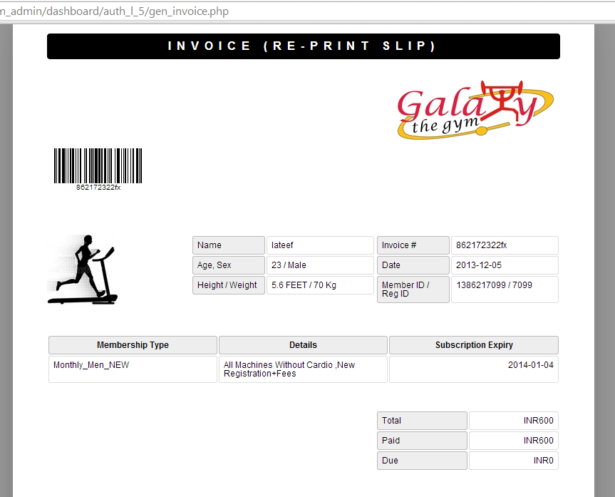 Gym Receipt Sample Master of Template Document