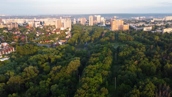 Aerial view on summer Kharkiv city park in morning