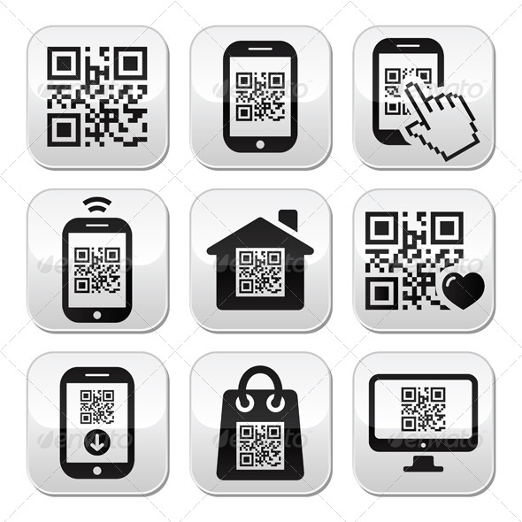 QR Code on Mobile or Cell Phone Buttons Set - Web Technology