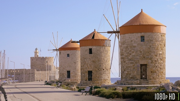 Windmills of Rhodes Island in Greece alt