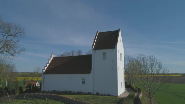 Aerial Of Danish Medieval Christian Church Spring