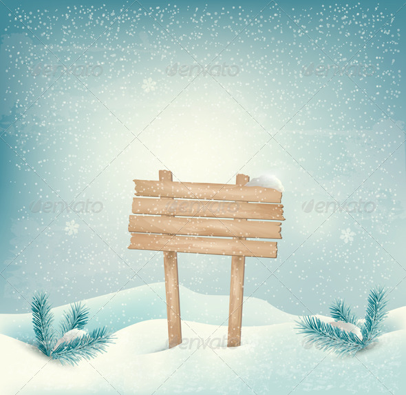 Holiday Winter Background with Wooden Sign - New Year Seasons/Holidays