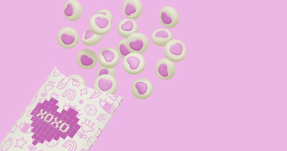 Minimal motion 3d art. Candy design box with heart cookies in pink abstract space.