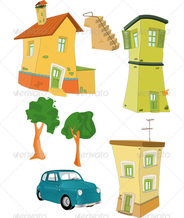 Set Small Houses Trees the Car and a Ladder - Objects Vectors