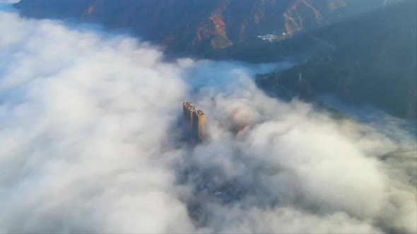 A cityscape under a cloud