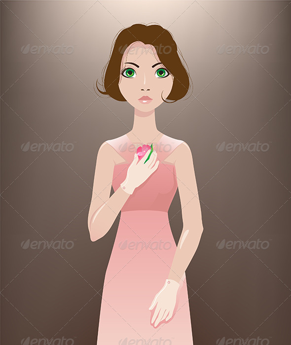 Girl with Green Eyes and Pink Flower - People Characters