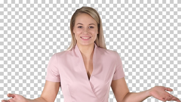 Woman in pink talking to the camera, Alpha Channel alt