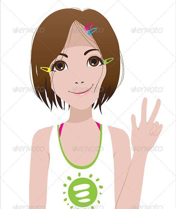 Smiling Girl. Victory Sign. - People Characters