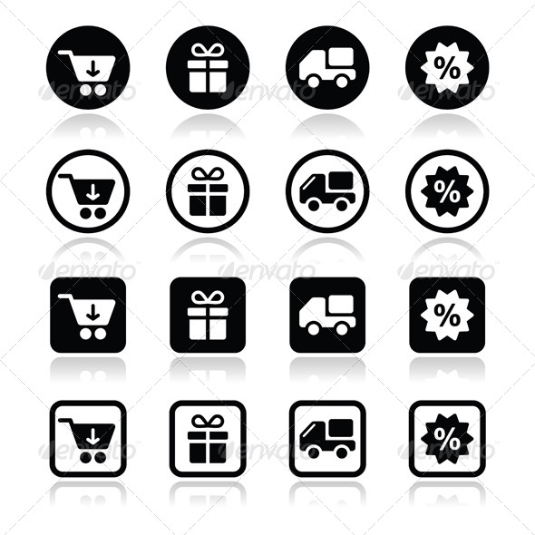 Shopping on Internet Black Icons Set with Shadow - Media Technology