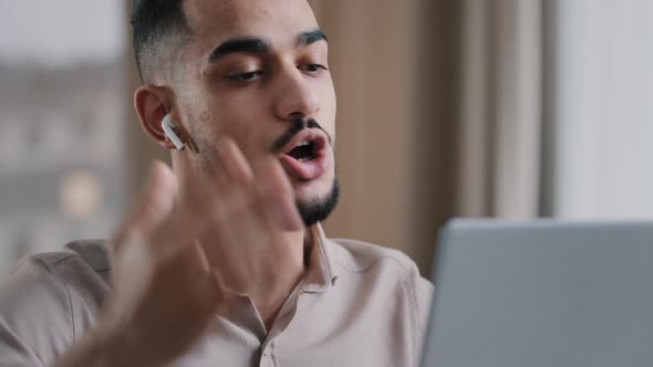 Angry Arabic Man Annoyed Young Guy Wears Earphones Aggressive Talk Online Call Distance Feel Rage alt