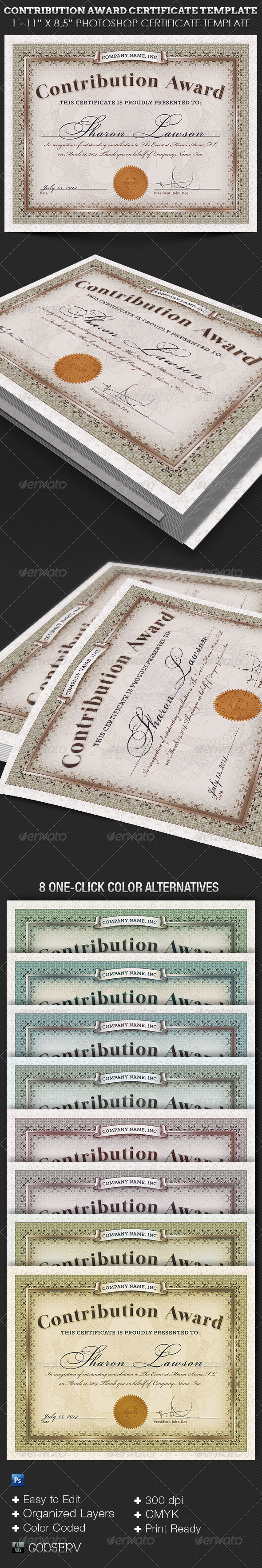 Contribution Award Certificate Template - Certificates Stationery