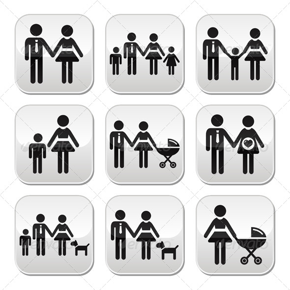 Family, Parents and Children Vector Buttons Set - People Characters