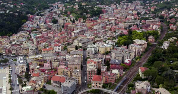 Aerial View Of Italy. Santa Margherita Ligure Train Railway And Houses. alt