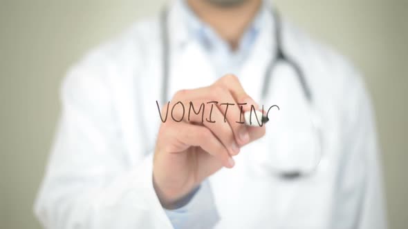 Vomiting, Doctor Writing on Transparent Screen alt