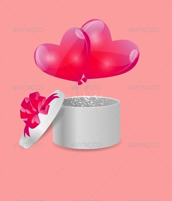 Valentines Day Card with Gift Box and Heart Balloons - Valentines Seasons/Holidays