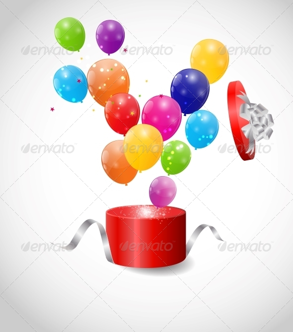 Color Glossy Balloons in Gift Box Background - Birthdays Seasons/Holidays
