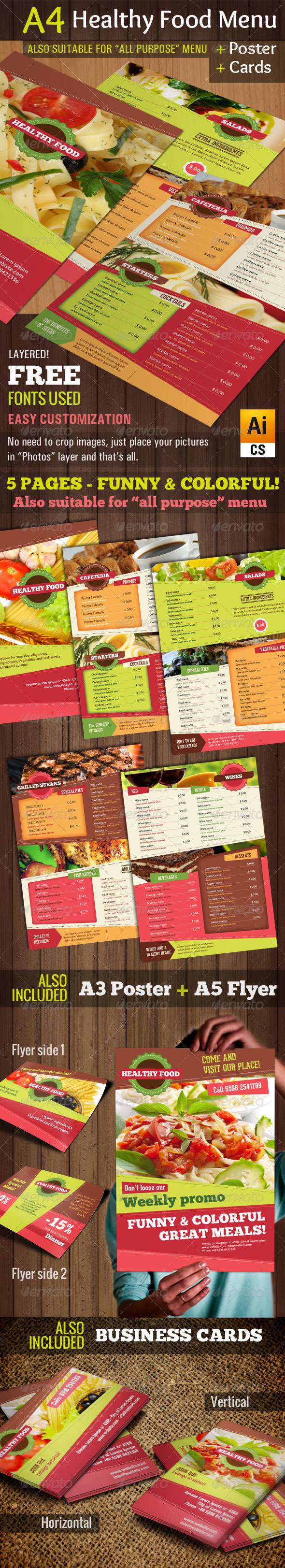 A4 Healthy Food Menu + Poster + Flyer + Cards - Food Menus Print Templates