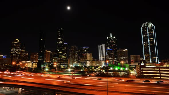 Dallas Skyline Night Moon Rising Time Lapse