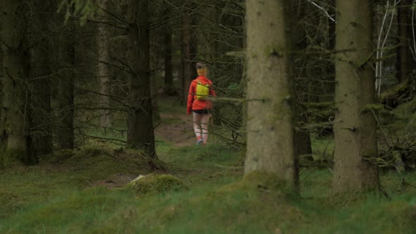 active female hiker woman walking outdoors on a trail in the woods