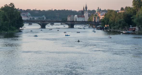 Timelapse of Vltava River with boats