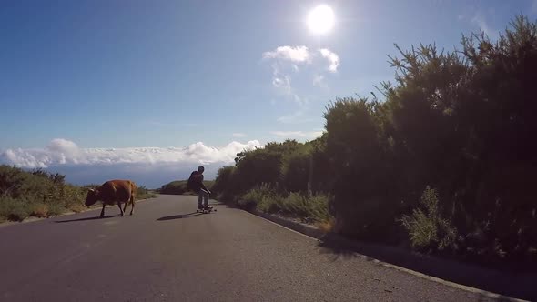 POV of young men longboard skateboarding downhill on a rural country road. alt