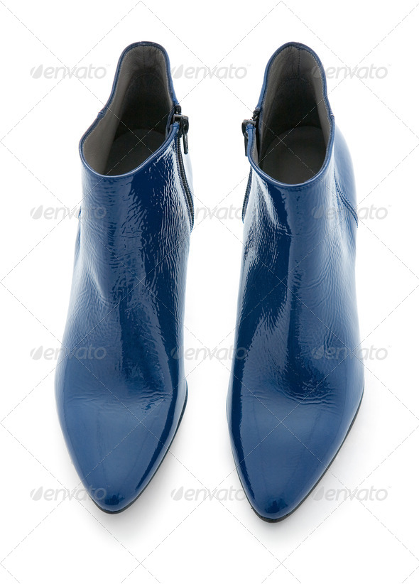 Blue shiny patent leather zipped ankle boots - Stock Photo - Images