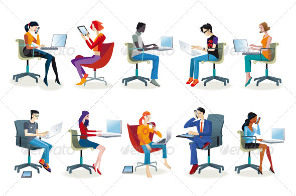 Set of People Working Sitting - People Characters