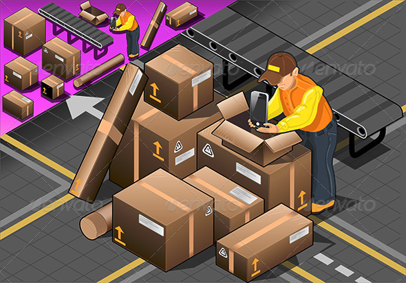 Isometric Packer at Work with Boxes - People Characters
