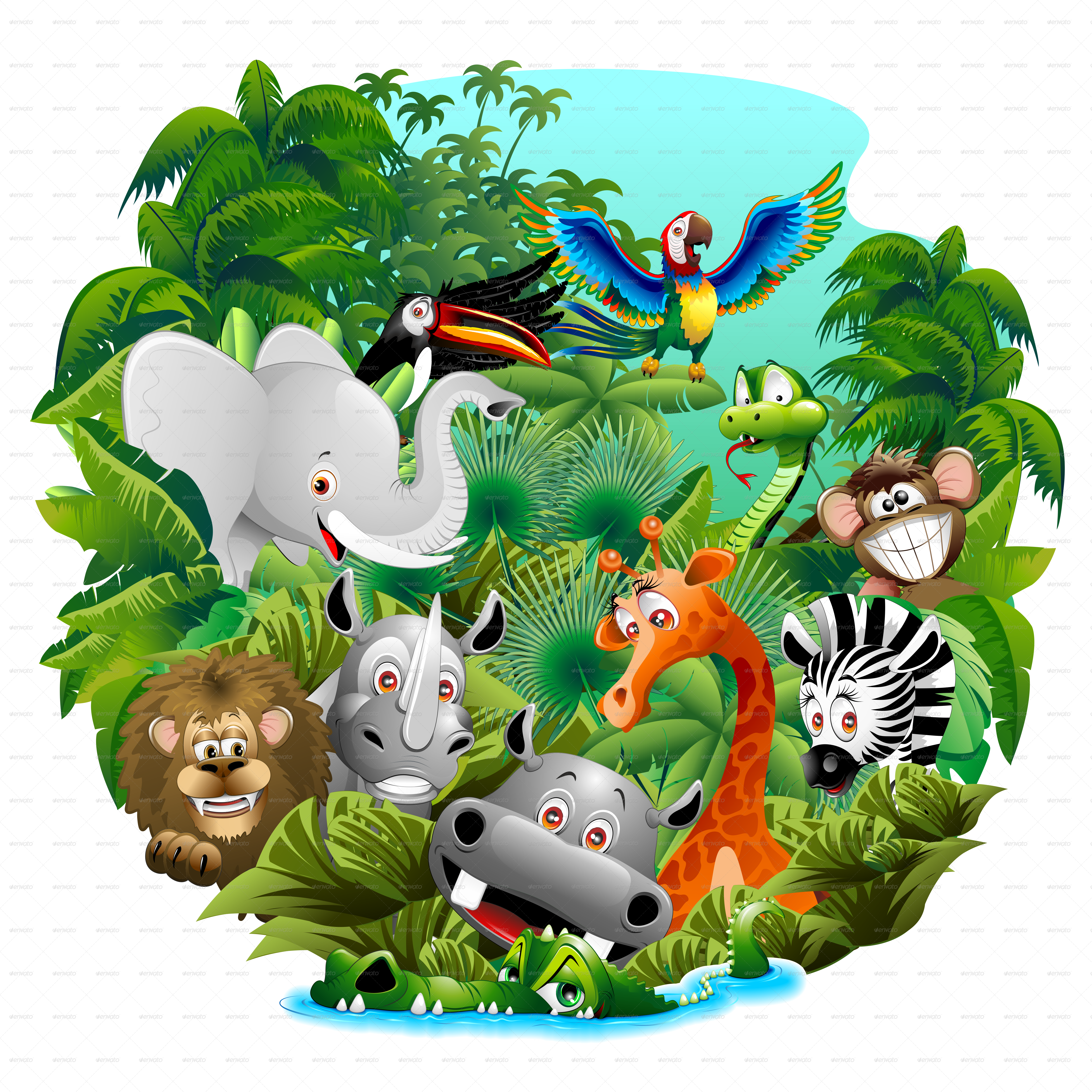 Wild Animals Cartoon on the Jungle by Bluedarkat | GraphicRiver