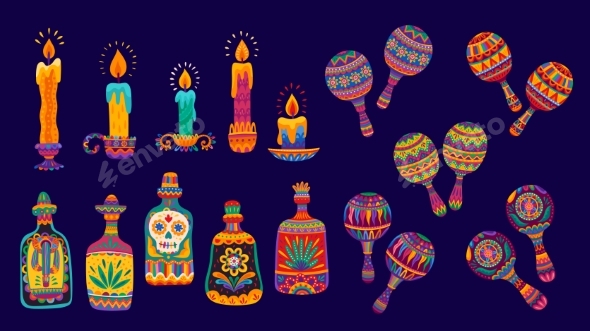 Mexican Candles Maracas and Tequila Bottle
