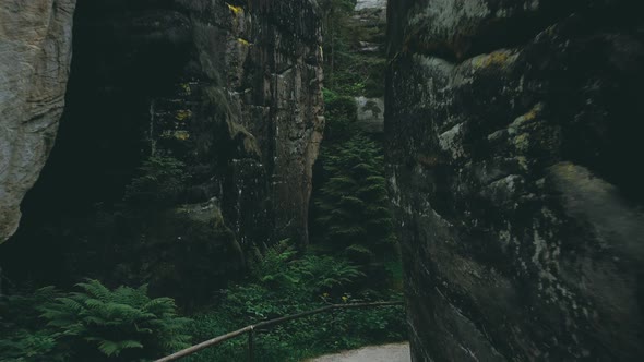 Adršpach-Teplice Rocks national park filmed from drone. Green forest with rocks like background