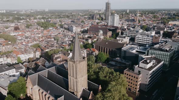 Drone View of Old Church in Modern European City in Summer
