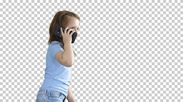 Little girl talk phone and walking, Alpha Channel alt