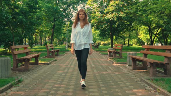 Girl Walks Outdoors Summer Season Daytime
