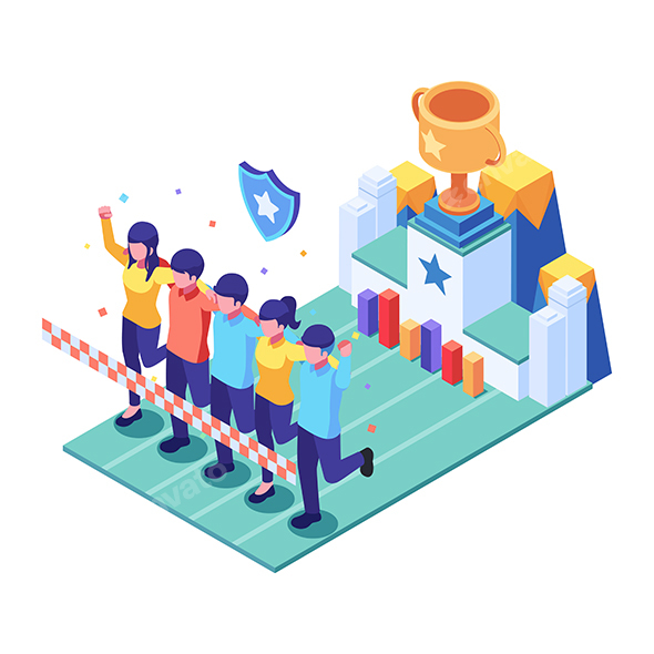 Isometric Business Team Crossing Finish Line Together with Trophy