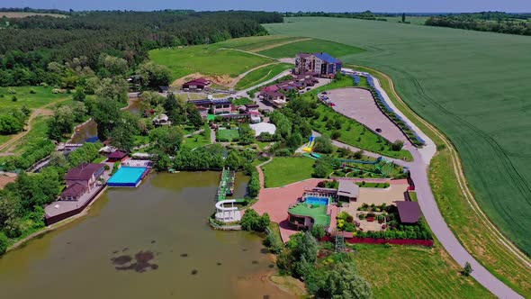 Panoramic view of recreation area. Flying over the modern recreation complex alt