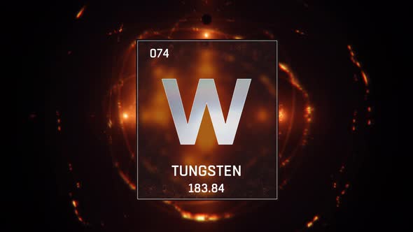 Tungsten as Element 74 of the Periodic Table on Orange Background in English Language
