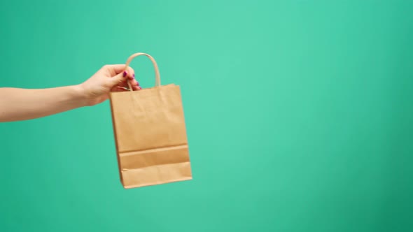 Courier in Gloves Passing Craft Shopping Bag with Delivery Against Mint Background alt