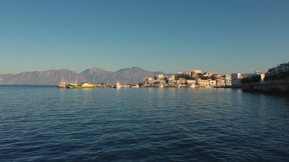 Beautiful View From the Sea To Ships and Mountains. Blue Sea Greece Crete Agios Nikolaos