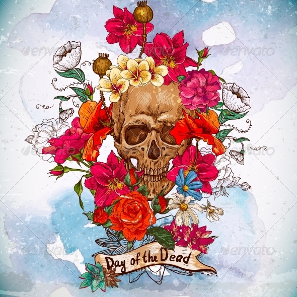 skull and flowers day of the dead by depiano graphicriver