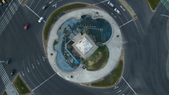 Aerial top down shot rising over Monument of the Spanish in Buenos Aires at dusk alt