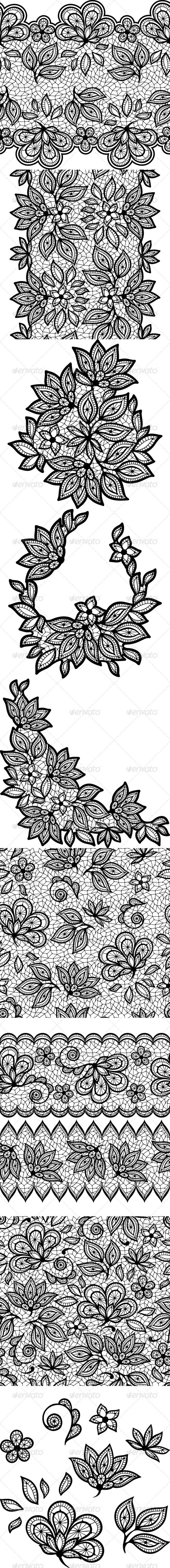 Black Lace Floral Designs and Seamless Patterns. - Flourishes / Swirls Decorative