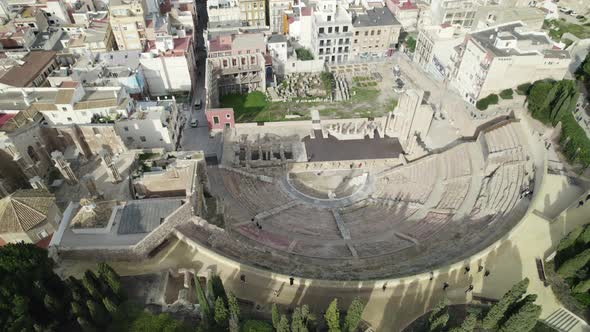 Ruins of The Roman Theatre of Cartagena, ancient city landmark, Spain