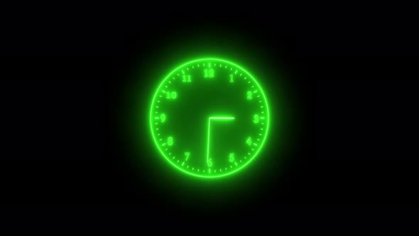 Green Neon Clock Isolated Animated On Black Background, Motion Graphics