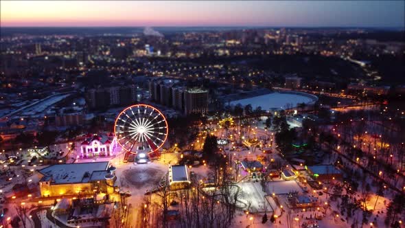 Aerial Ferris wheel, Gorky Central Park in sunset