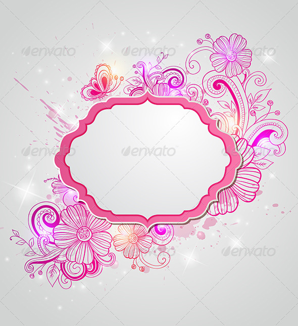 Label and Hand Drawn Red Flowers - Backgrounds Decorative