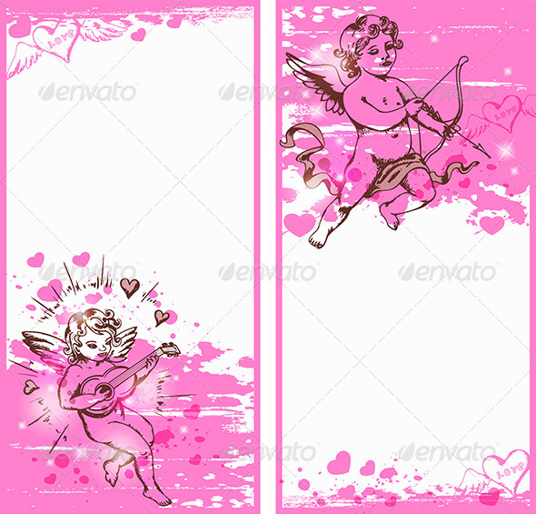 Vertical Pink Banners with Cupids - Valentines Seasons/Holidays