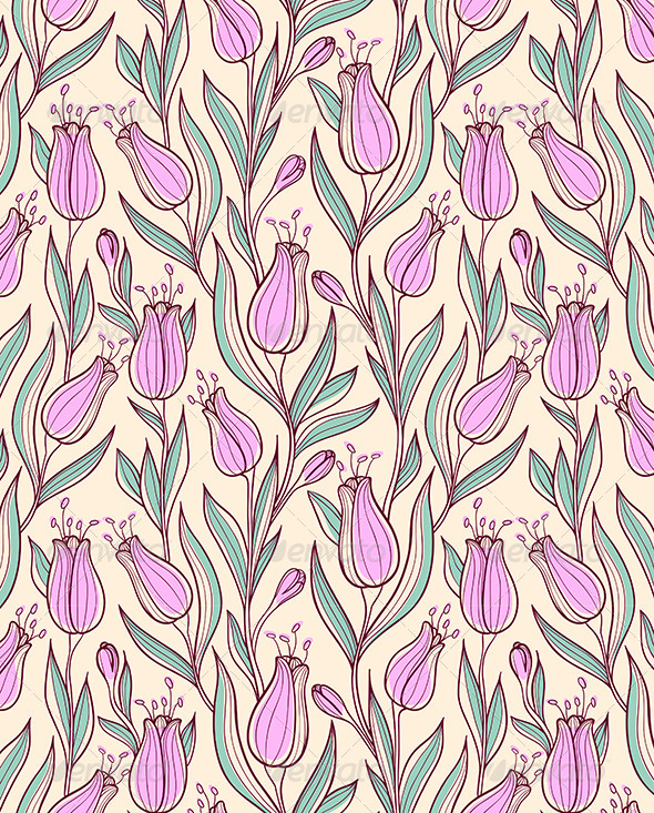 Seamless Pattern with Pink Tulips - Patterns Decorative