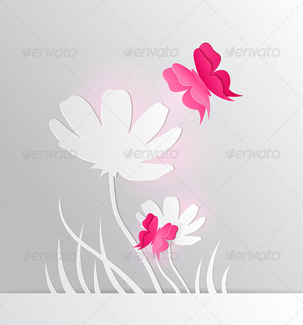 Paper Flower and Red Butterfly - Flowers & Plants Nature