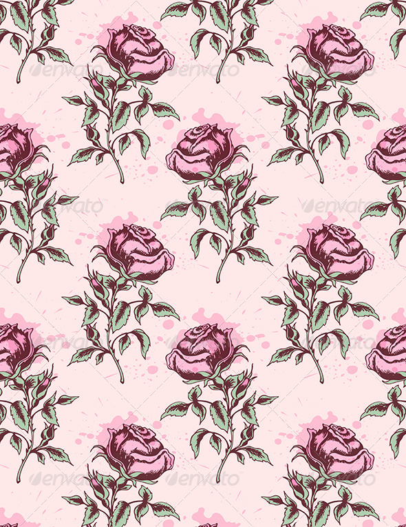 Vintage Seamless Pattern with Pink Roses - Patterns Decorative